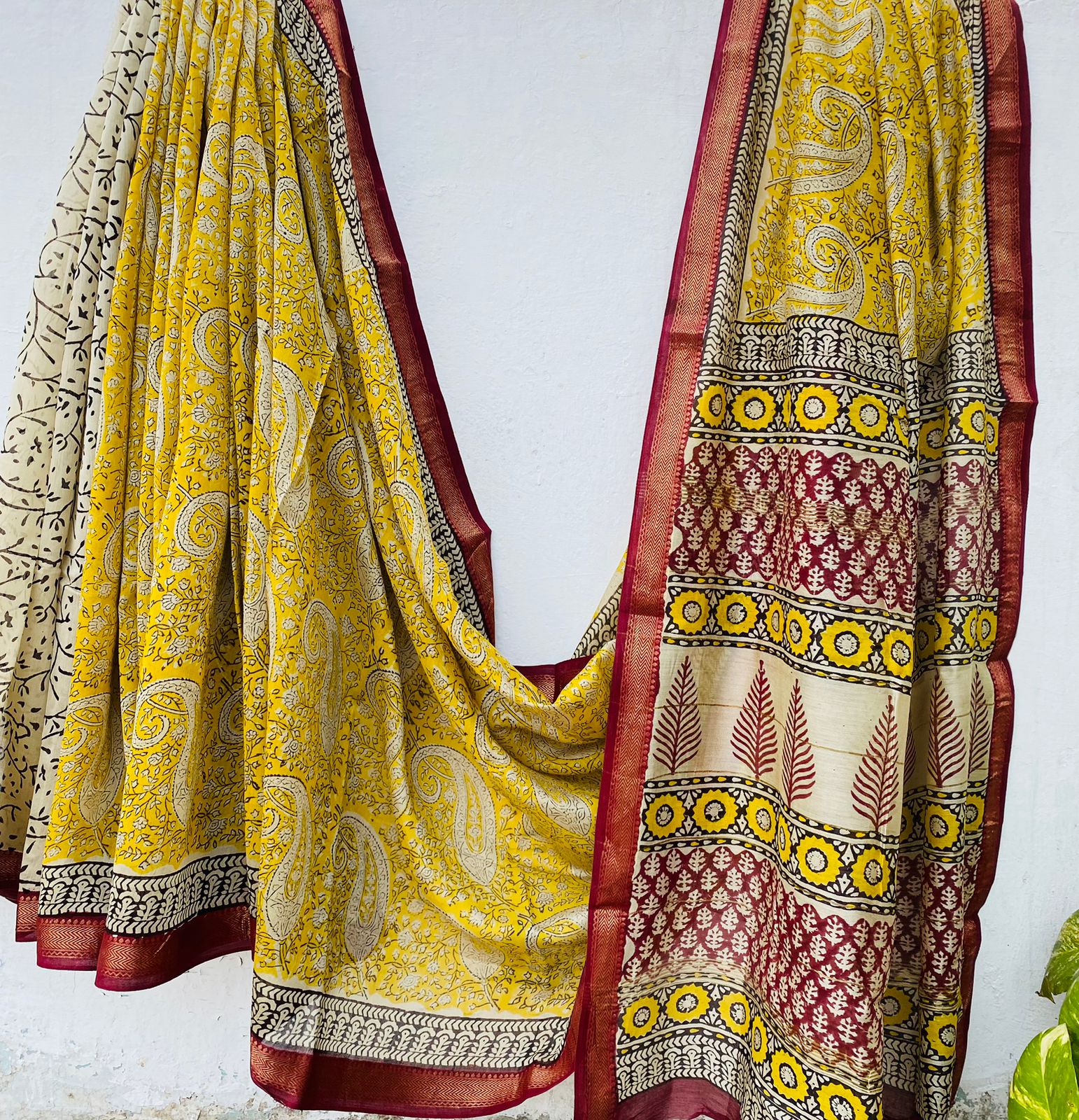 Maheshwari silk saree wholesale, hand block printed yellow red paisley, pure silk saree by Fabtexs